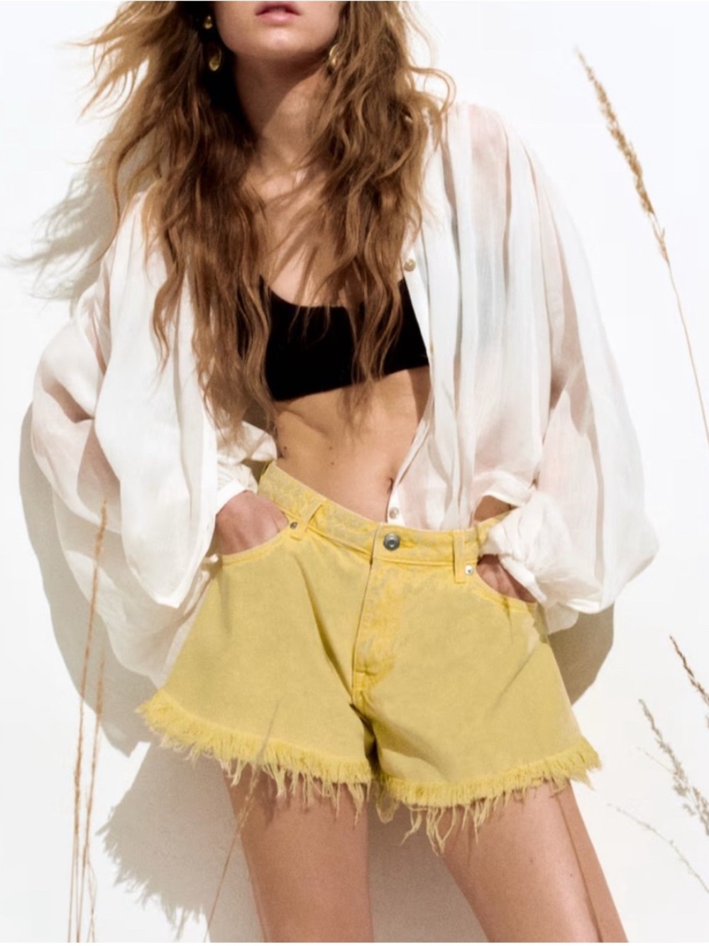 H&M Yellow Frayed Hem Denim Shorts